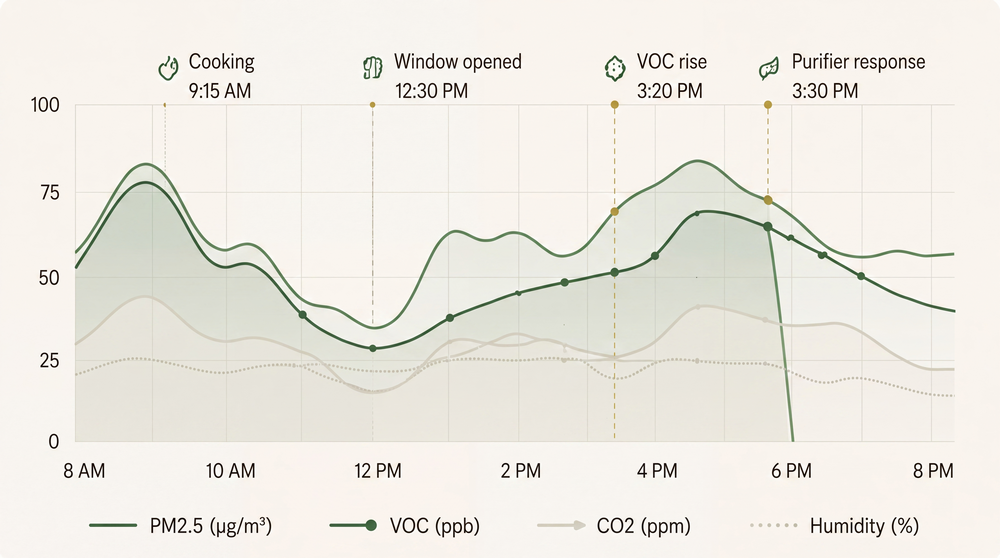 Daily air-quality graph showing PM2.5, VOC, CO2, and humidity levels across the day